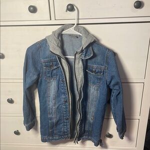 Blue Denim Jacket with Gray Hoodie